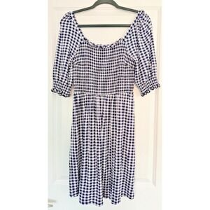 Draper James Lee Ann Small Navy Gingham Smocked Puff Sleeve Dress EUC Stretch